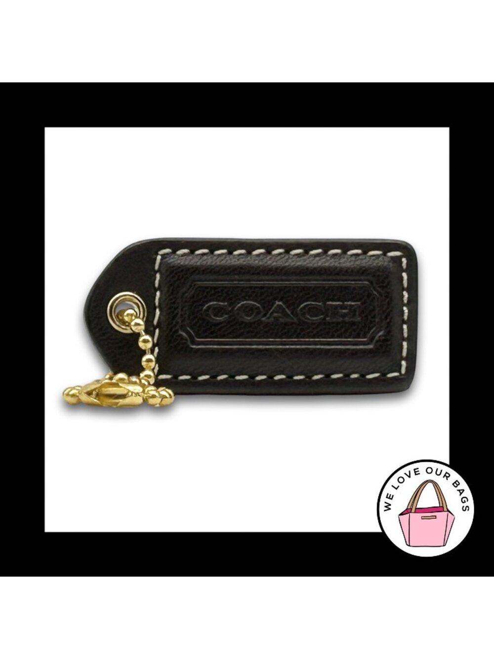 COACH Y2K VINTAGE Hang Tag Bag 2" Charm Keychain Fob Black Leather Brass Medium